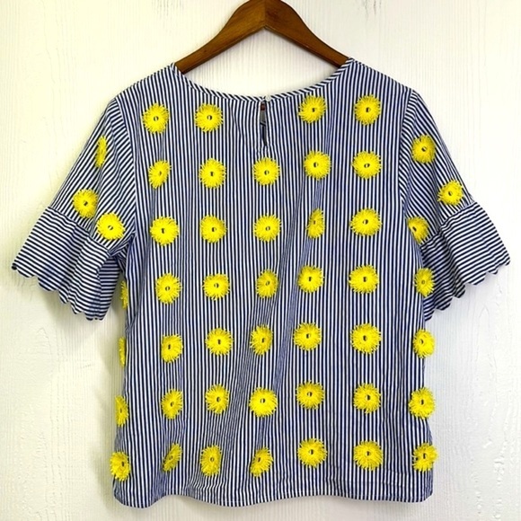 Talbots - Blue Stripe W/ Yellow Appliqués Short Sleeve Blouse Size Large Petite - Picture 11 of 12
